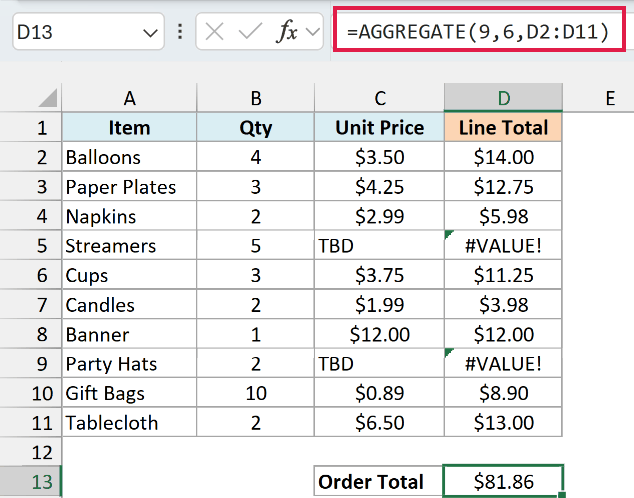 AGGREGATE formula with 9 and 6 summing the line totals while skipping the two #VALUE! errors