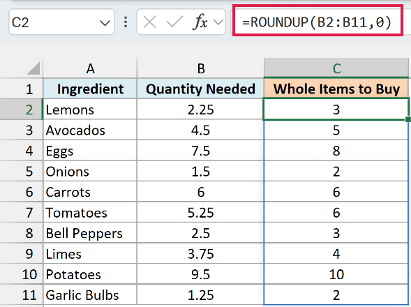 ROUNDUP with 0 digits spills whole item counts, turning 2.25 lemons into 3 while 6 carrots stay 6