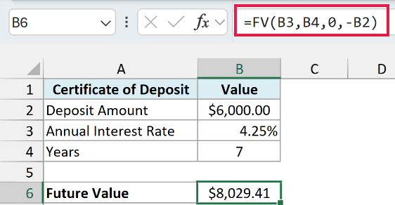 FV formula shows the $6,000 certificate of deposit grows to $8,029.41 in 7 years
