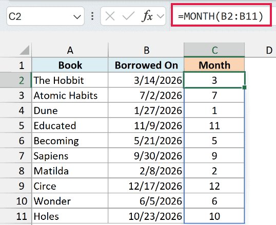 MONTH on the whole date range spills the month number for each book, 3 for The Hobbit borrowed on 3/14/2026