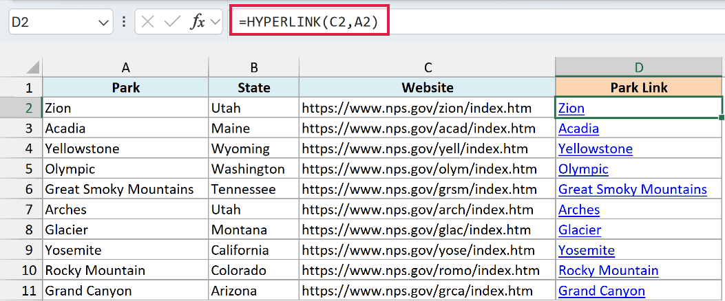 HYPERLINK formula in D2 turns each park web address into a link that shows the park name