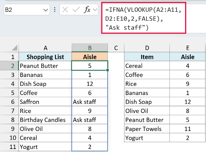IFNA with VLOOKUP returns each item's aisle and shows Ask staff for Saffron and Birthday Candles