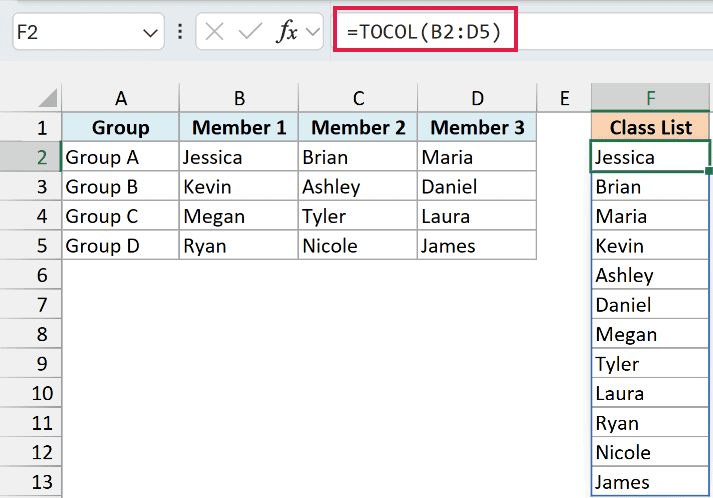 TOCOL returns all 12 study group members in one Class List column