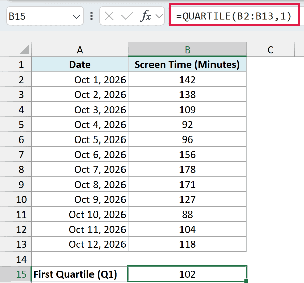 QUARTILE formula with 1 as the quart returning the first quartile of 102 minutes