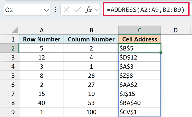 ADDRESS turns each row and column number pair into a cell address that spills down column C
