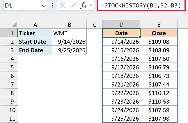 STOCKHISTORY returns dates and closing prices for Walmart from 9/14/2026 to 9/25/2026