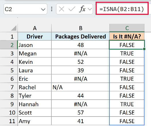 ISNA formula spilling TRUE for the three #N/A counts and FALSE for the typed N/A text