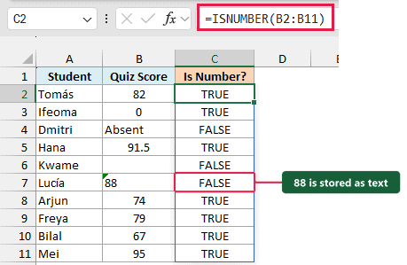ISNUMBER formula in the formula bar with TRUE and FALSE results spilling down C2:C11