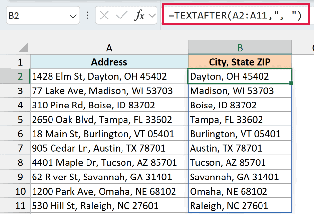 TEXTAFTER formula returning the city, state and ZIP after the first comma in each address
