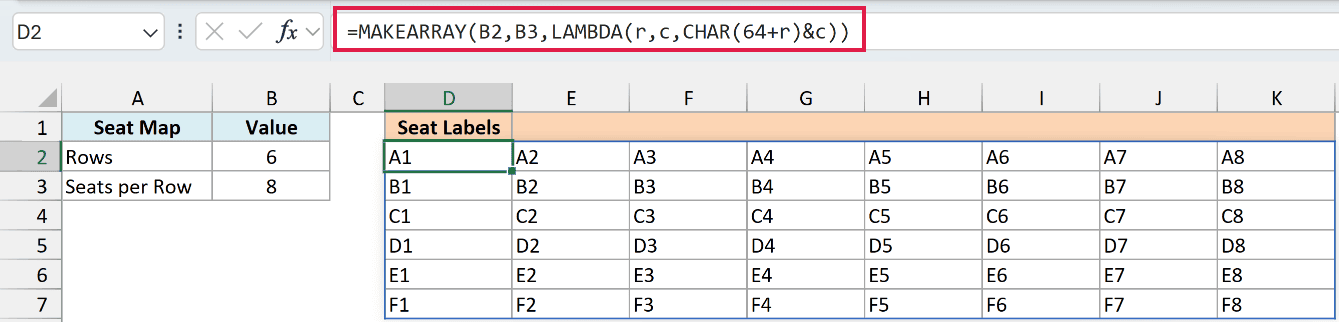 MAKEARRAY builds a 6 by 8 grid of seat labels from A1 to F8