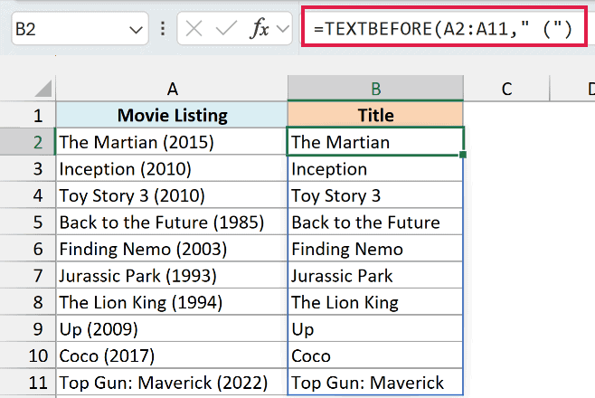 TEXTBEFORE with the " (" delimiter returns each movie title without the year