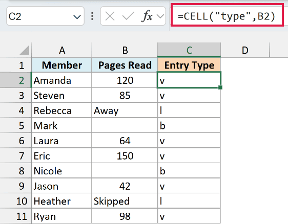 CELL type formula returns v for numbers, l for the Away and Skipped text, and b for blank cells