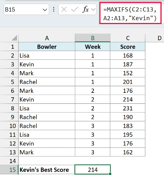 MAXIFS returns 214 as Kevin's best bowling score