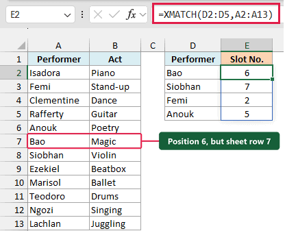 XMATCH returns slots 6, 7, 2 and 5, with Bao's worksheet row 7 labeled.