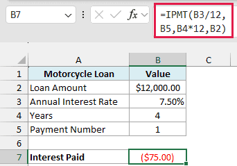 IPMT formula returns ($75.00) as the interest in the first payment of the motorcycle loan