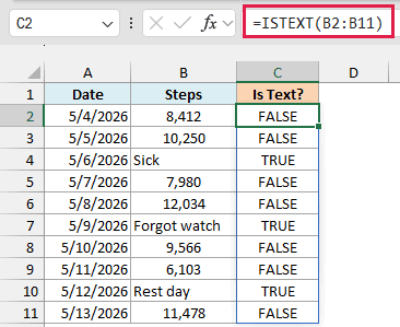 ISTEXT formula spilling TRUE for the three text notes and FALSE for step counts down C2:C11