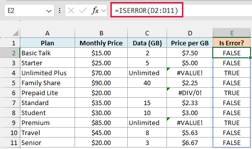 ISERROR spills TRUE for the three Price per GB errors and FALSE for the rest