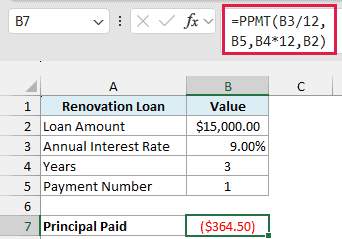PPMT formula returns ($364.50) as the principal in the first payment of the renovation loan