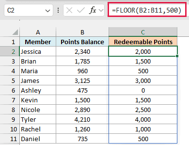FLOOR function in Excel rounding points balances down to the nearest 500