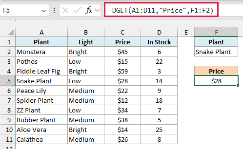 DGET formula in F5 returning $28, the price of the Snake Plant