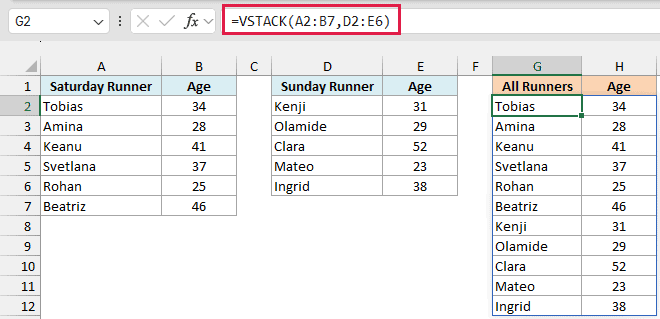 VSTACK combines 11 Saturday and Sunday runners with their ages in G2:H12