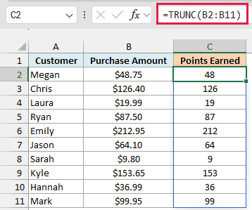 TRUNC spills whole-dollar loyalty points for each purchase, so $19.99 earns 19 points