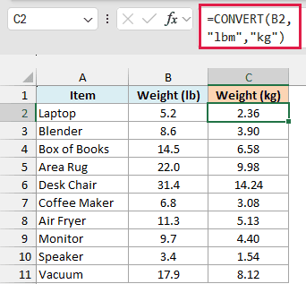 CONVERT turns each weight from pounds to kilograms, so the 5.2 lb laptop is 2.36 kg