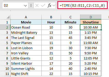 TIME combines each hour and minute into a showtime, so 13 and 15 become 1:15 PM