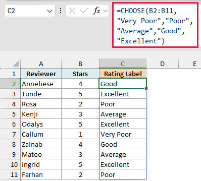 The formula bar shows CHOOSE mapping star ratings to labels spilling into C2:C11