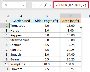 POWER with 2 squares each side length, so a 4-foot tomato bed has an area of 16 square feet