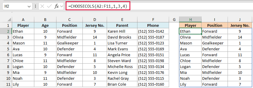 CHOOSECOLS returns the Player, Position, and Jersey No. columns from the roster, spilled into H2:J11