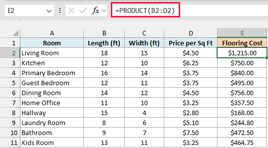 PRODUCT multiplies length, width and price in each row, so the living room's flooring costs $1,215.00