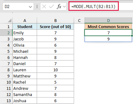 MODE.MULT spills the two most common quiz scores, 7 and 9, into D2:D3