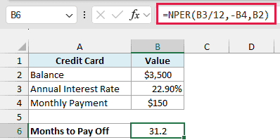 NPER formula returns 31.2 months to pay off the credit card