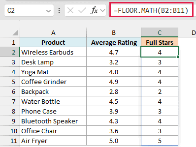 FLOOR.MATH with no significance rounds each rating down to whole stars, so 4.9 becomes 4