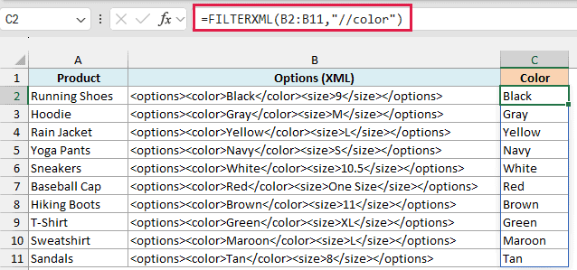 FILTERXML with the //color path pulls the color out of each product's XML and spills one color per row
