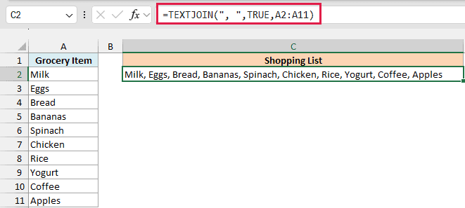 TEXTJOIN grocery list separated by commas