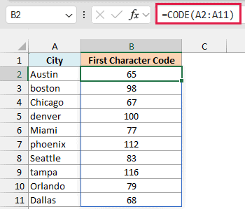 CODE spills the code of each city's first character, 65 for Austin and 98 for boston