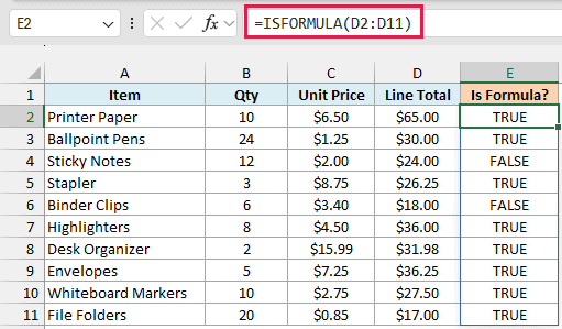 ISFORMULA formula spilling TRUE and FALSE for each line total, with FALSE for Sticky Notes and Binder Clips