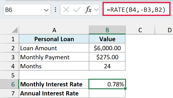 RATE formula returns a monthly interest rate of 0.78% for the personal loan