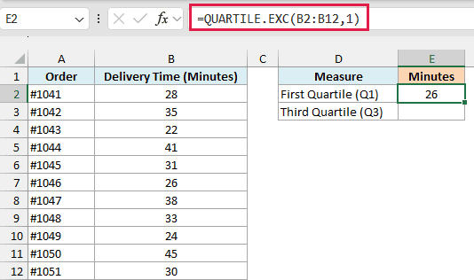 QUARTILE.EXC formula with 1 as the quart returns 26 minutes as the first quartile