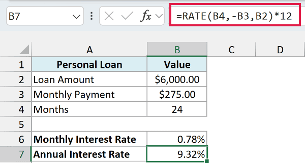 RATE formula multiplied by 12 returns an annual interest rate of 9.32%