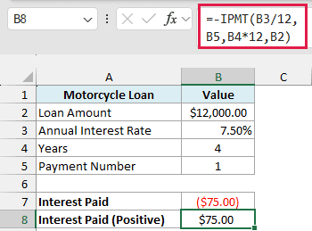 A minus sign in front of IPMT shows the same interest as a positive $75.00