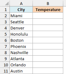 A list of ten cities in column A, beside an empty Temperature column