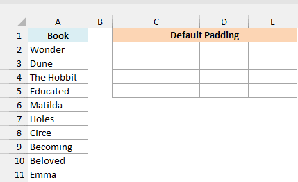 Summer reading list of 10 books in column A, beside an empty Default Padding area