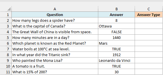Quiz answer key with number, text and TRUE/FALSE answers beside an empty Answer Type column