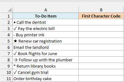 A to-do list where some items start with a bullet, check mark, star or arrow, beside an empty First Character Code column