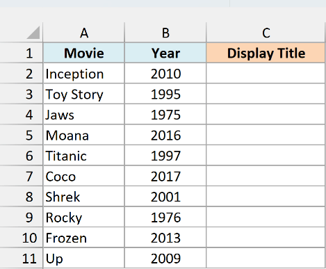 Movie titles and release years with a blank Display Title column.