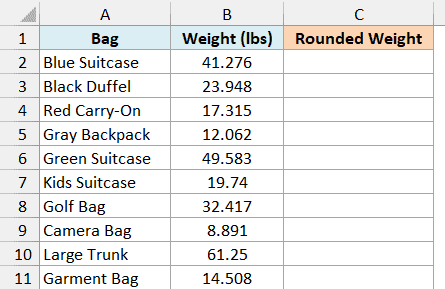 Travel bags with weights from a digital scale and an empty Rounded Weight column