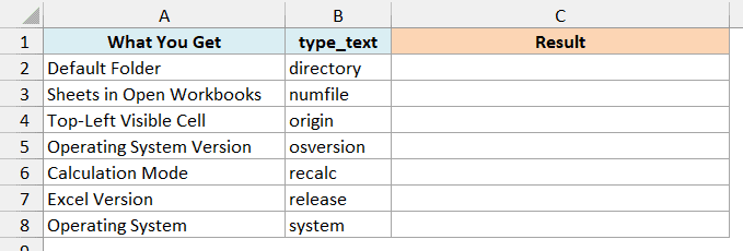 All seven INFO type_text values in column B with plain-English names in column A and an empty Result column